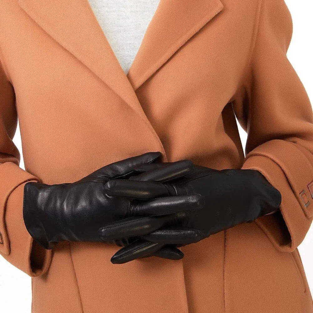 ZLUXURQ Women's Black Luxury Italian Soft Leather Gloves Genuine SMALL-6.5